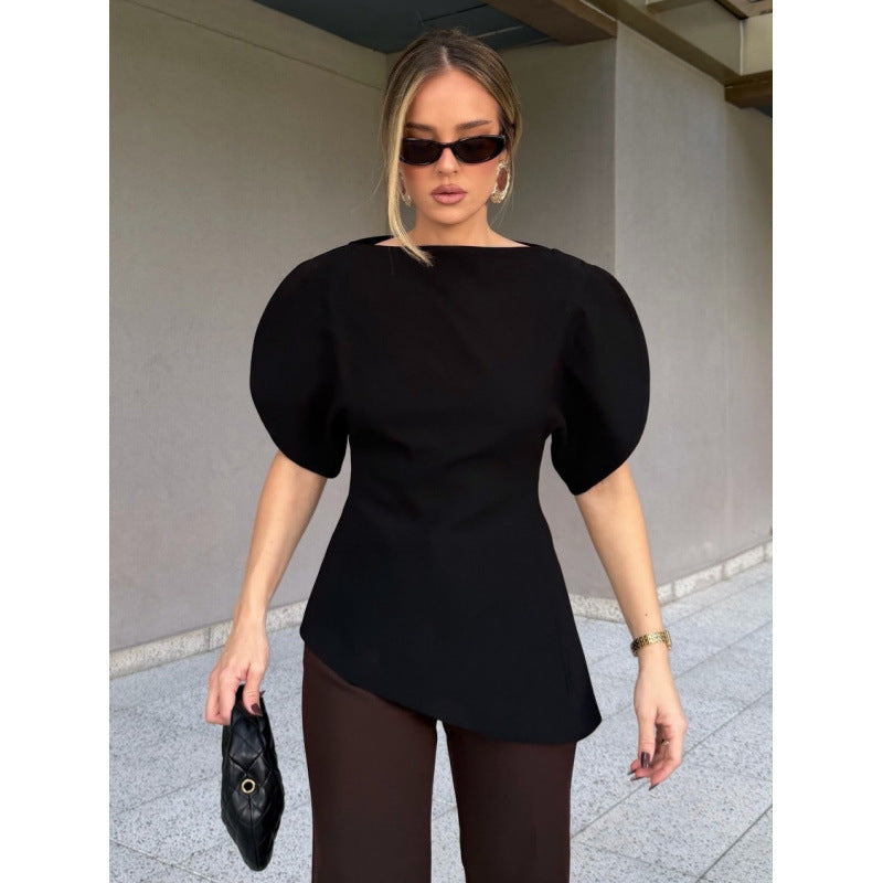 Damen Bluse mit voluminösen Puffärmeln und asymmetrischem Saum EB