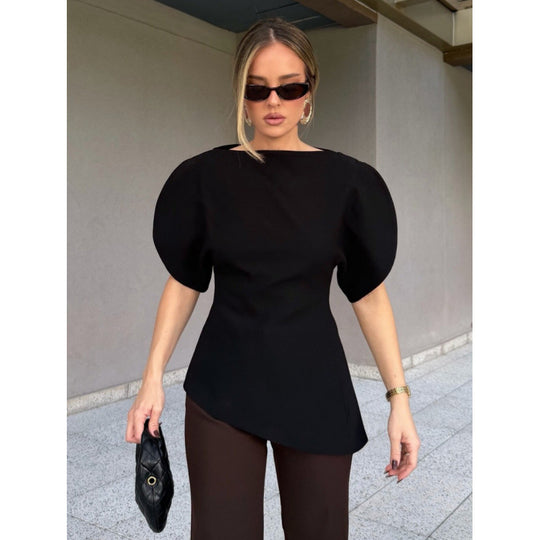 Damen Bluse mit voluminösen Puffärmeln und asymmetrischem Saum EB