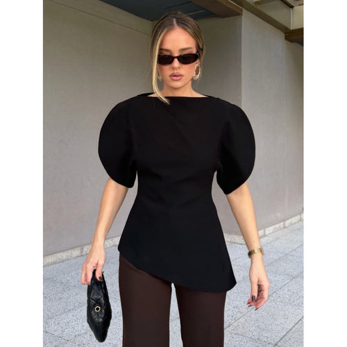 Damen Bluse mit voluminösen Puffärmeln und asymmetrischem Saum EB
