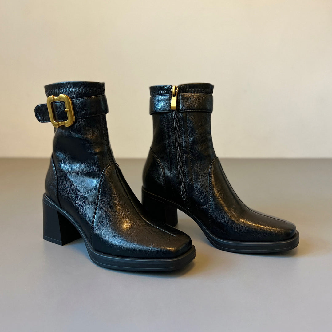 Damen Elegante Ankle Boots mit modischer Schnallen-Applikation EB
