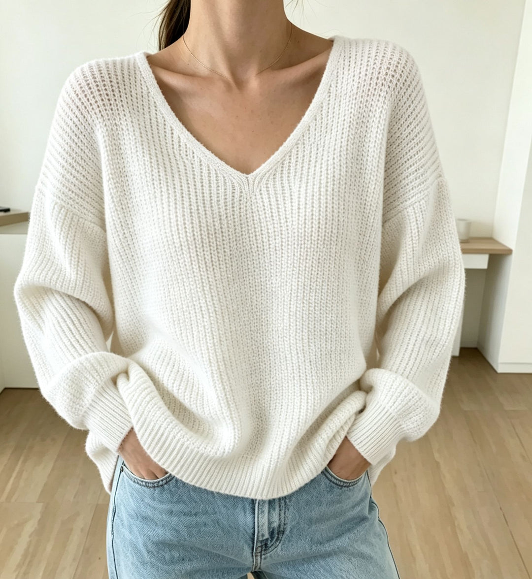 Damen Lässiger Boxy-Grobstrickpullover mit V-Ausschnitt und gerippten Bündchen EB
