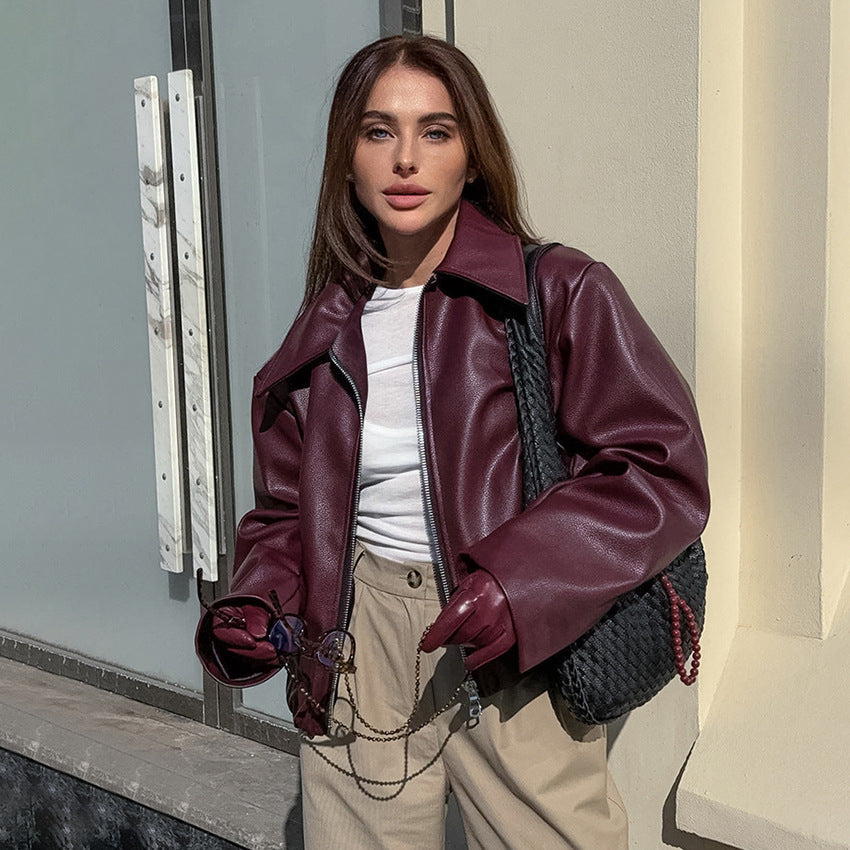 Damen Kunstlederjacke mit weitem Schnitt und feinem Kragen EB