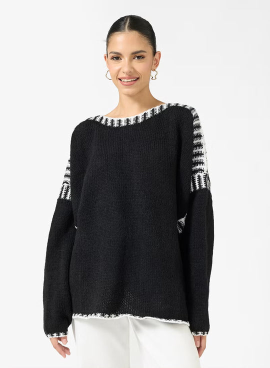 Damen Oversize Grobstrickpullover mit Kontraststreifen an Schultern und Saum EB