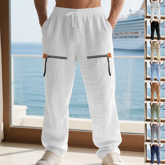 Herren Lässige Leinenoptik-Freizeithose mit elastischem Bund, Tunnelzug & Reißverschluss-Cargotaschen EB