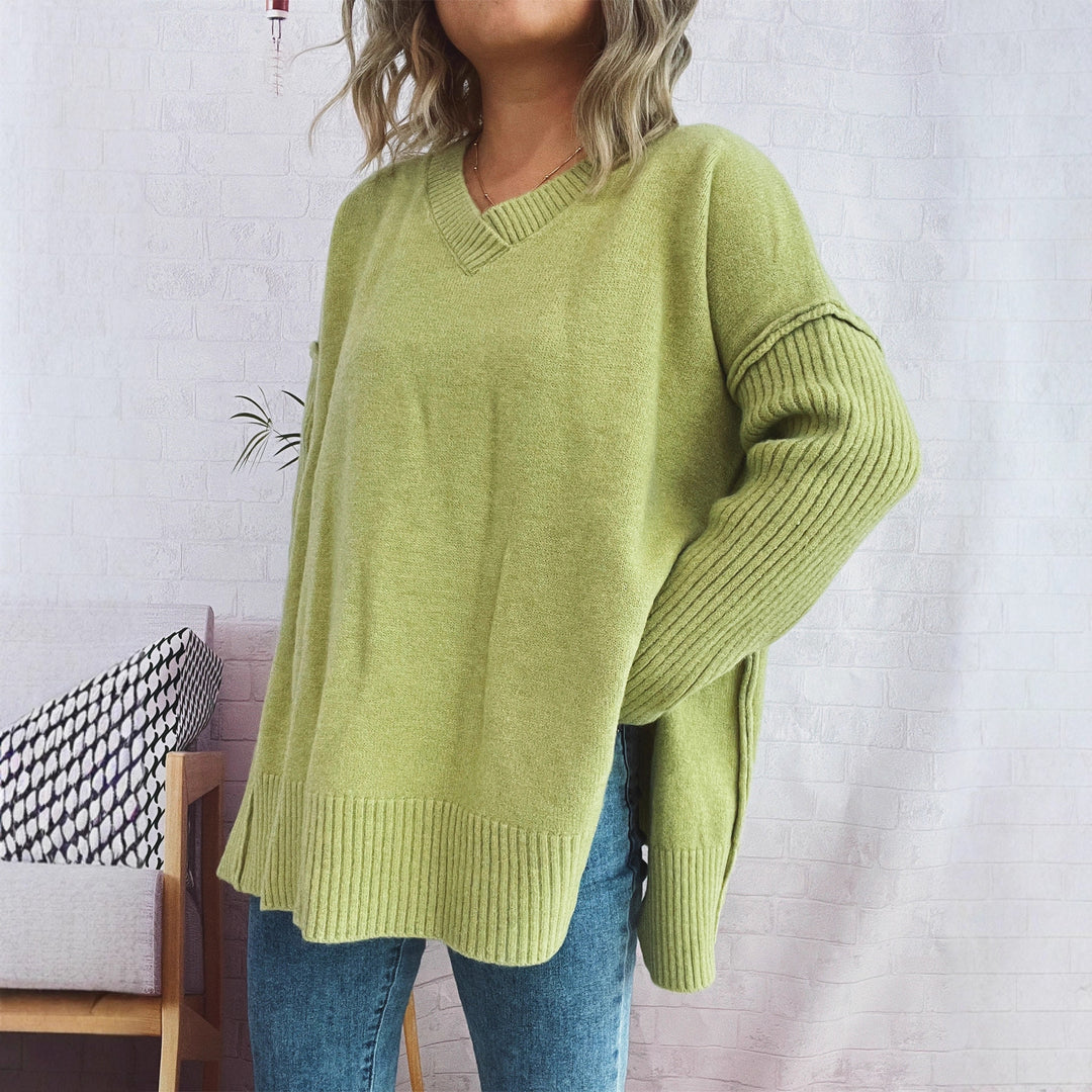 Damen lässiger V-Ausschnitt Pullover mit stylishen Rippdetails EB