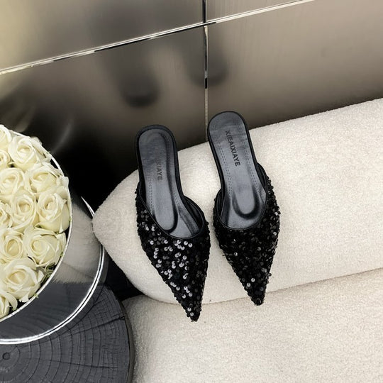 Damen elegante Mules mit glamourösem Paillettenbesatz EB