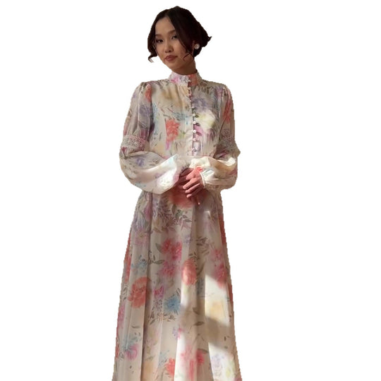 Damen Maxikleid mit feinem Blumenmuster und eleganten Puffärmeln EB