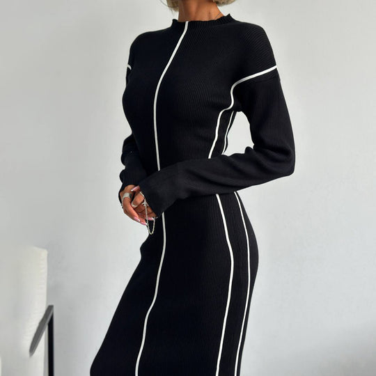 Damen schlankes Midikleid mit Stehkragen, vertikalen Kontrastnähten und Langarm-Rippstrick Eichborn Berlin