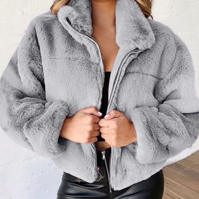 Damen nan kurze kuschelige Kunstpelzjacke mit Stehkragen und Reißverschluss EB