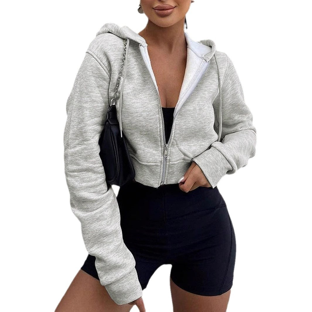 Damen Kurze Sweatjacke mit Kapuze und Reißverschluss EB