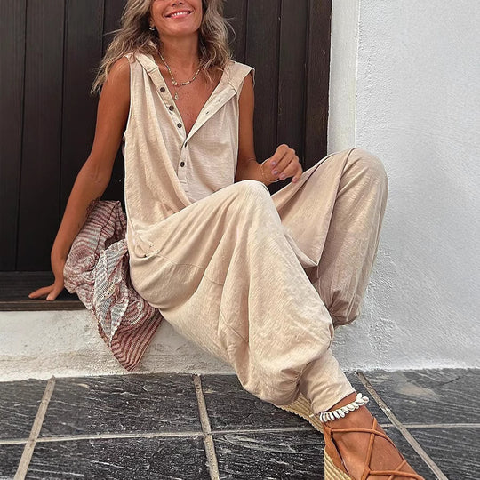 Damen Lässiger Jumpsuit mit Kapuze und Knopfverschluss EB