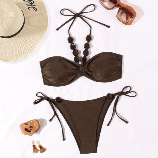 Damen Eleganter Bandeau-Bikini mit dekorativen Perlen EB
