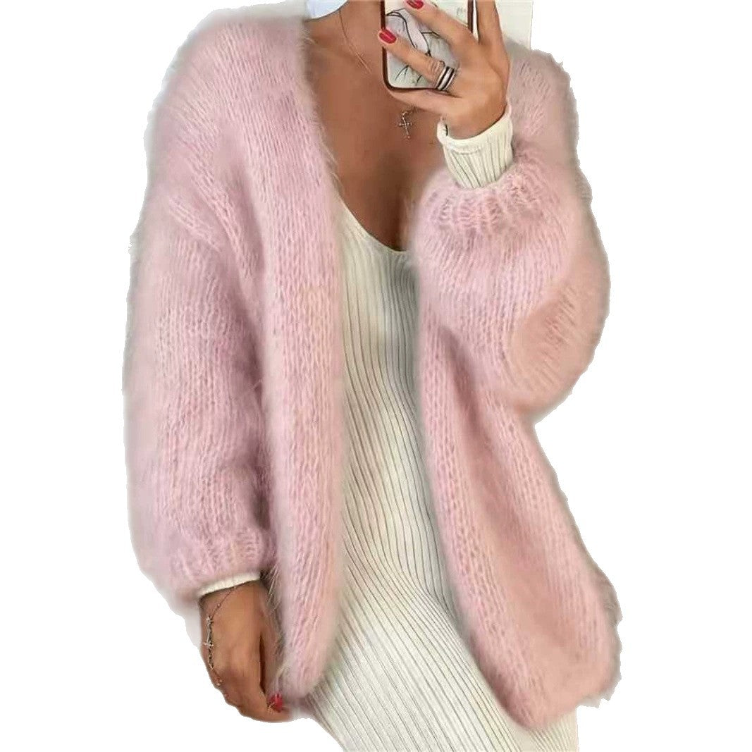 Damen Flauschiger Oversize Mohair-Optik Cardigan mit offenem Schnitt und Ballonärmeln EB