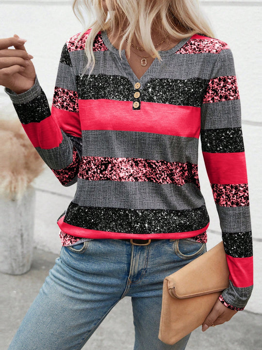 Damen Langarmshirt mit schimmernden Streifen und Knopfdetails EB