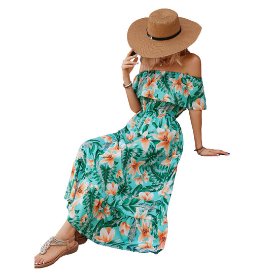 Damen Off-Shoulder Maxikleid mit floralem Design und elastischem Taillenbund EB