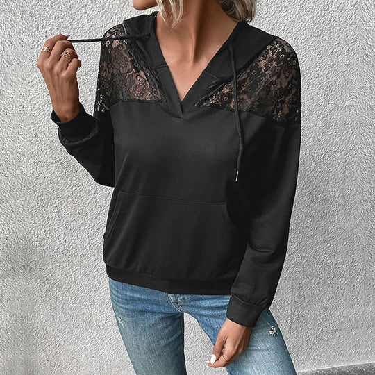 Damen Kapuzenpullover mit Spitzenbesatz und Kängurutasche EB