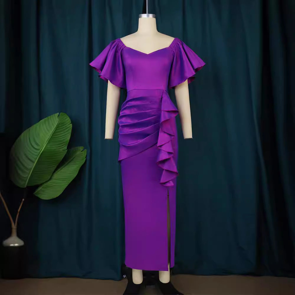 Damen Elegantes Maxikleid mit voluminösen Ärmeln und asymmetrischem Rüschen-Design EB