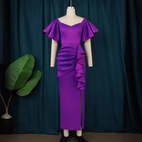 Damen Elegantes Maxikleid mit voluminösen Ärmeln und asymmetrischem Rüschen-Design EB