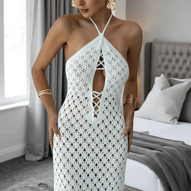 Damen Häkel-Maxi-Kleid mit innovativem Ausschnitt und seitlichen Cut-Outs EB