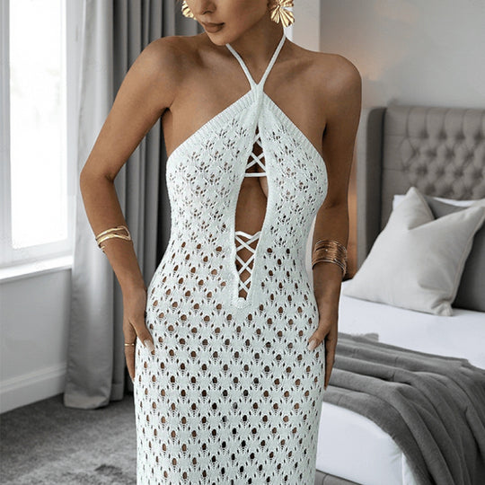 Damen Häkel-Maxi-Kleid mit innovativem Ausschnitt und seitlichen Cut-Outs EB
