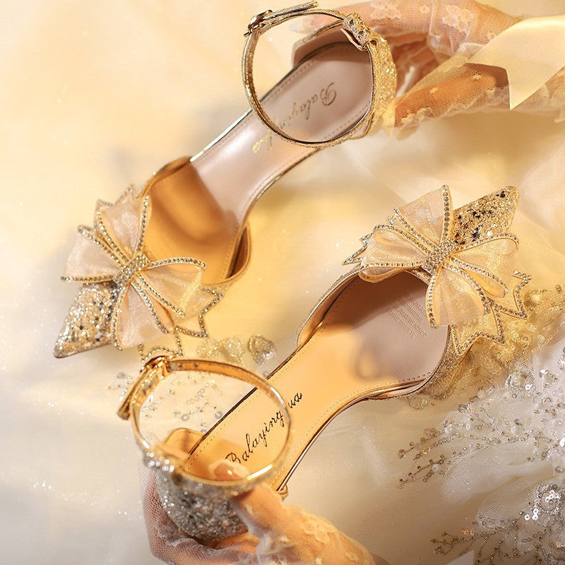 Damen elegante High-Heels mit funkelndem Strass und Schleifenakzent EB