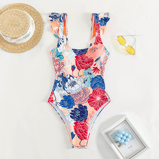 Damen Einteiler Badeanzug mit Blumenmuster und Rüschendetails EB