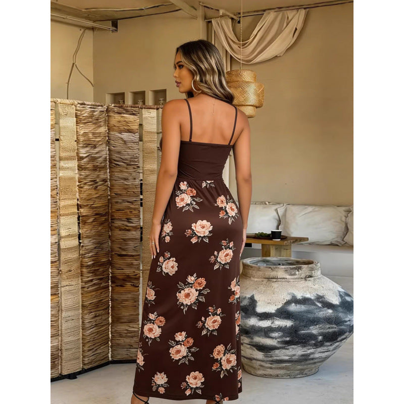 Damen Maxi-Kleid mit modischem Blumenmuster und schmalen Spaghettiträgern EB