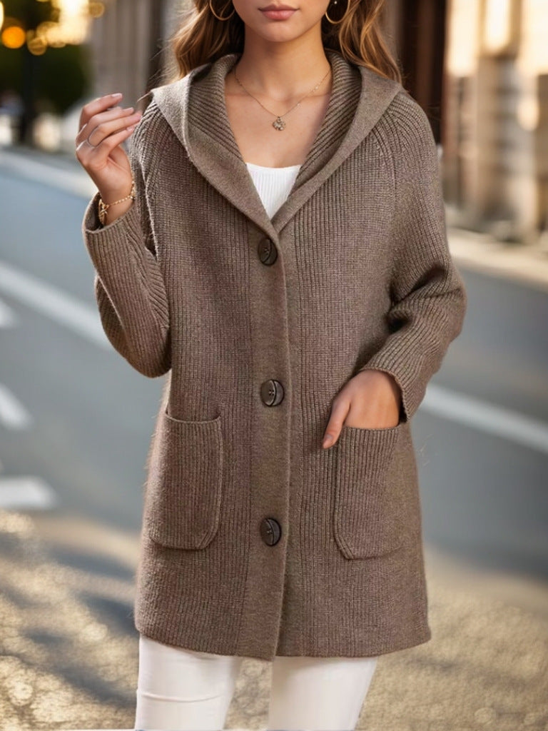 Damen nan lange gerippte Kapuzen-Strickjacke mit aufgesetzten Taschen und markanten Knöpfen EB