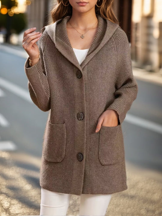 Damen nan lange gerippte Kapuzen-Strickjacke mit aufgesetzten Taschen und markanten Knöpfen EB