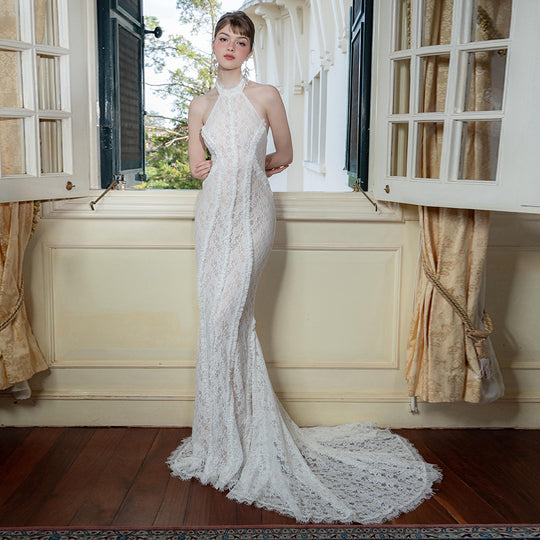 Damen Hochwertiges Spitzenabendkleid mit elegantem Kragen und transparenten Details EB