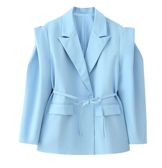 Damen nan taillierter Blazer mit Bindegürtel, Reverskragen und Schulterpolstern EB