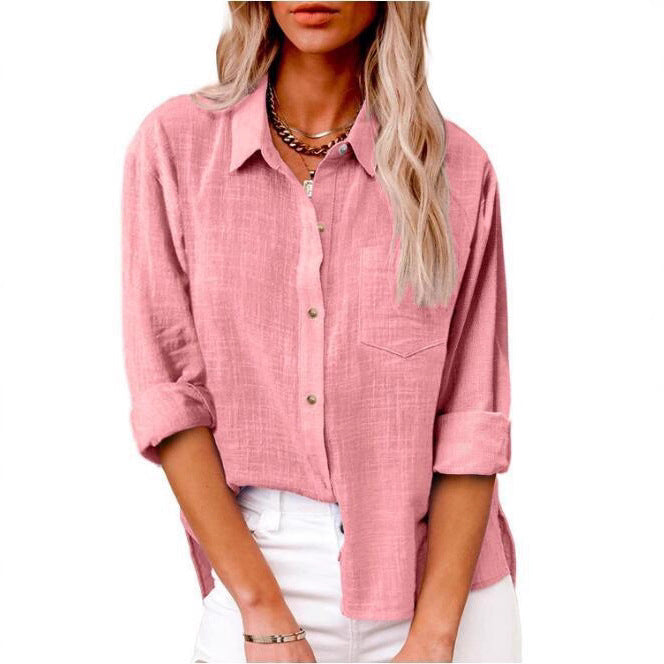 Damen lässige Leinenbluse mit kurzem Arm und Knopfdetails EB