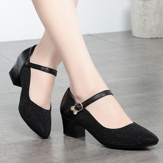 Damen Elegante Mary Jane Pumps mit funkelndem Strassbesatz und komfortablem Blockabsatz EB