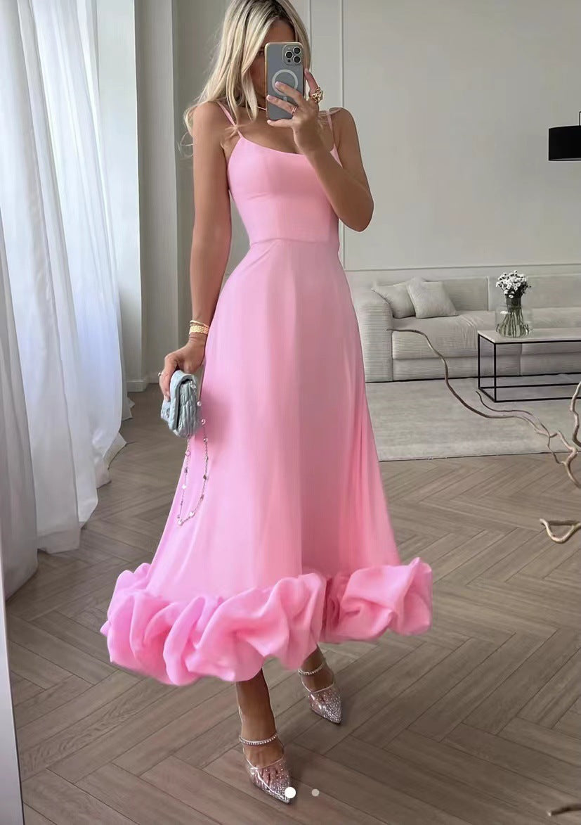 Damen Midi-Kleid mit zarten Spaghetti-Trägern und voluminösem Rüschensaum EB