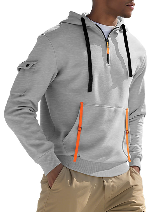 Herren nan urbaner Tech-Kapuzen-Halbzippullover mit Utility-Ärmeltasche, Kängurutasche und verstellbaren Zipper-Bändern EB