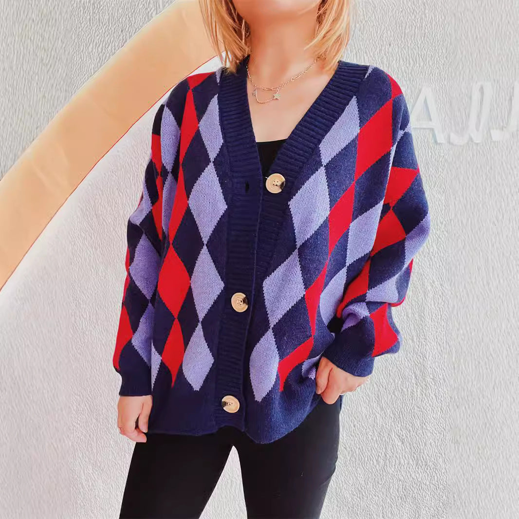 Damen lässige Strickjacke im Rauten-Muster mit goldenen Knöpfen EB