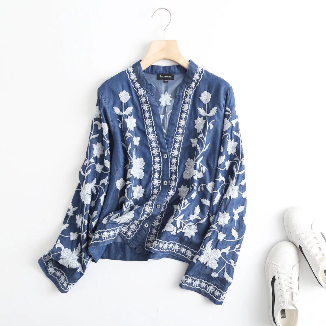Damen bestickte Bluse im Vintage-Stil mit elegantem Kragen und Druckknopfverschluss EB