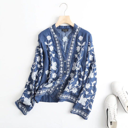 Damen bestickte Bluse im Vintage-Stil mit elegantem Kragen und Druckknopfverschluss EB