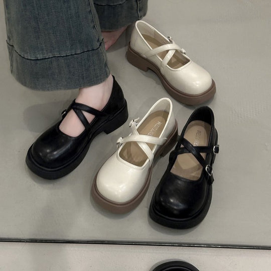Damen modische Mary Jane Ballerinas mit verstellbarem Riemen aus hochwertigem Leder EB
