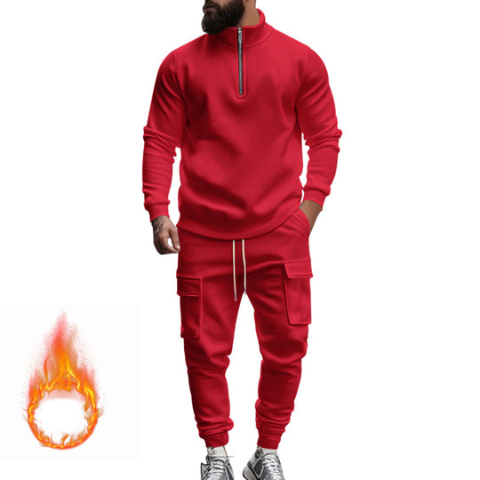 Herren nan sportives Cargo-Joggingset mit Halbzip-Stehkragen, wärmendem Fleece-Innenfutter und großzügigen Klapptaschen EB