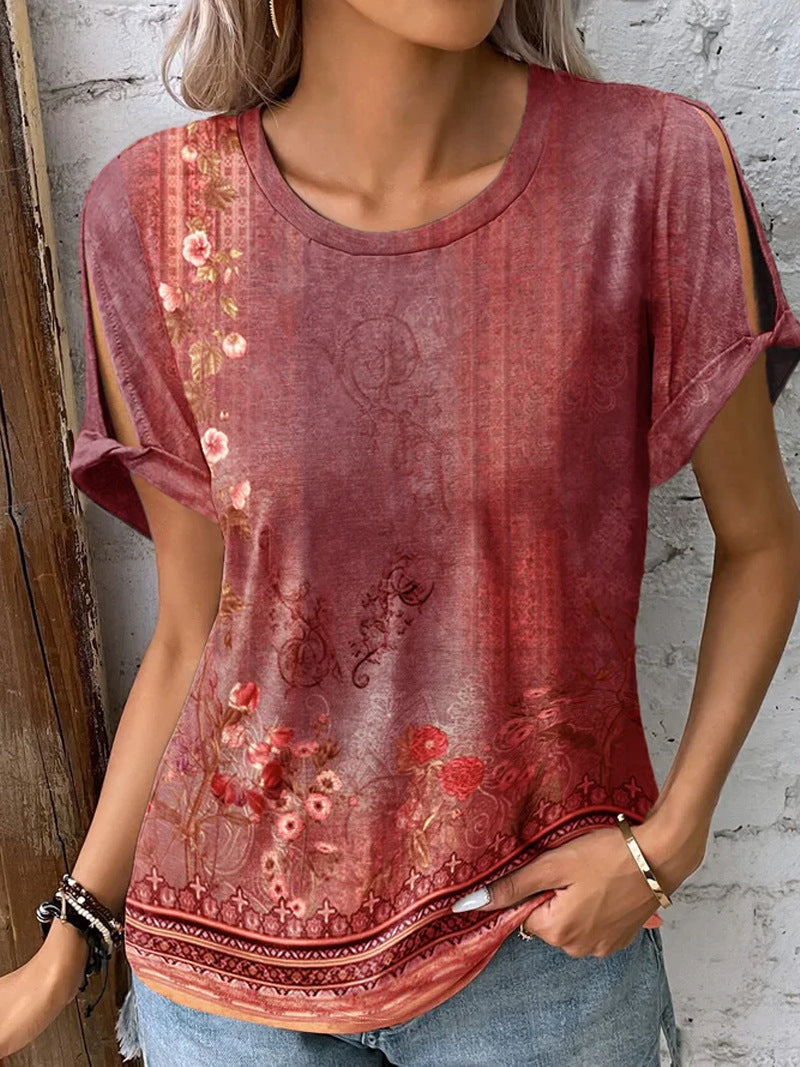 Damen T-Shirt mit floralem Muster und cut-out Ärmeln EB