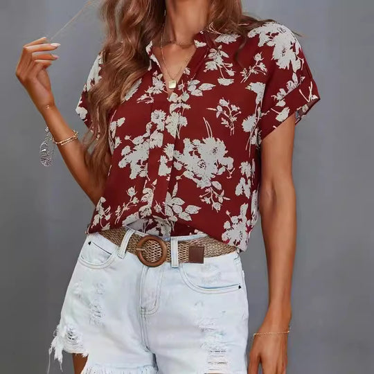 Damen lässige Bluse mit floralem Muster und kurzer Knopfleiste EB