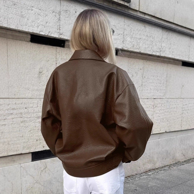 Damen Modische Kunstlederjacke im lässigen Oversized-Schnitt EB