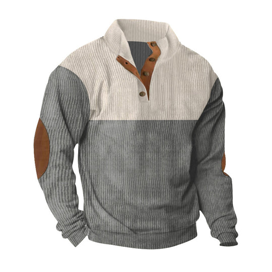 Herren nan lässiger Strickpullover mit Knopfleiste, Stehkragen und Ellenbogenpatches EB