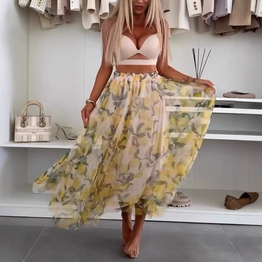 Damen Maxirock mit floralen Lagen und transparentem Design Heidi-Mode