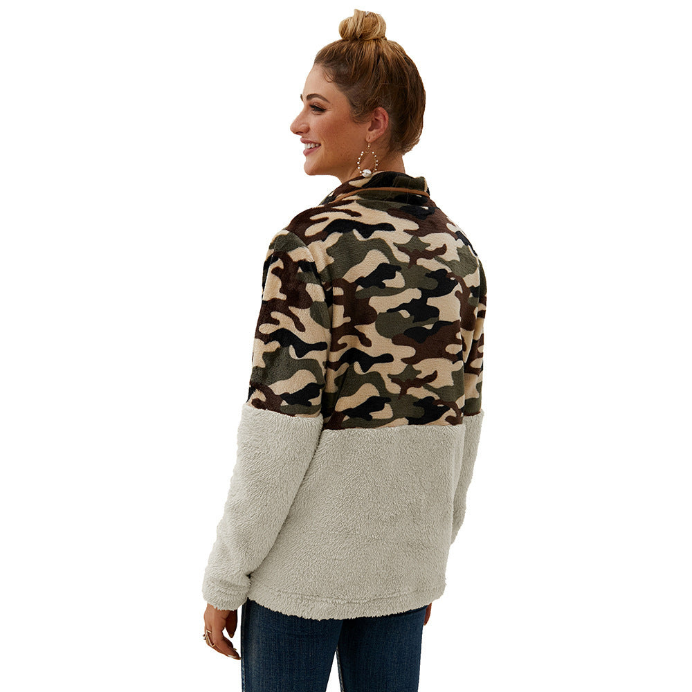 Damen warme Fleecejacke im Camouflage-Design mit hohem Kragen EB