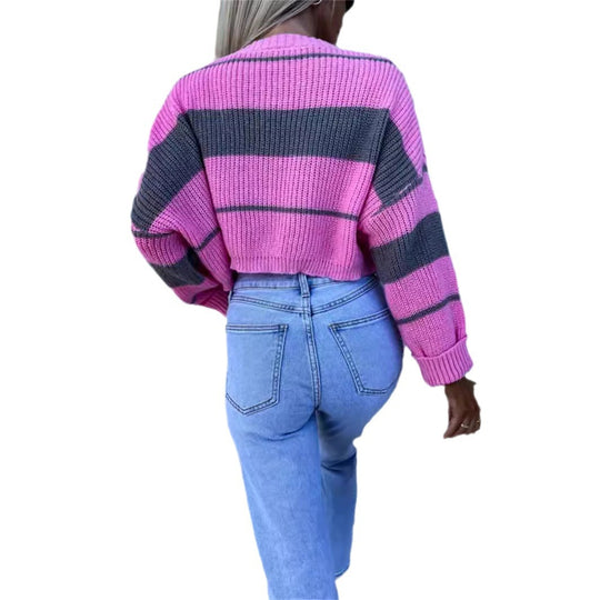 Damen cropped Strickpullover mit modischen Blockstreifen EB