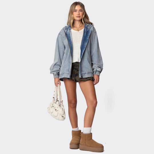 Damen Oversized Denimjacke mit Kapuze und elastischen Bündchen EB