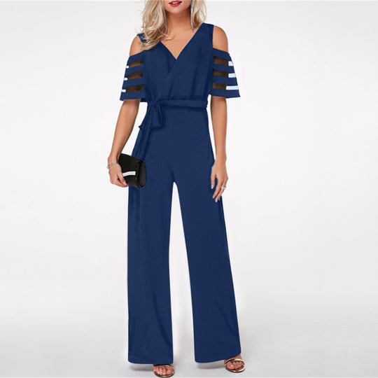 Damen Eleganter Jumpsuit mit transparenten Ärmel-Details und Taillengürtel EB