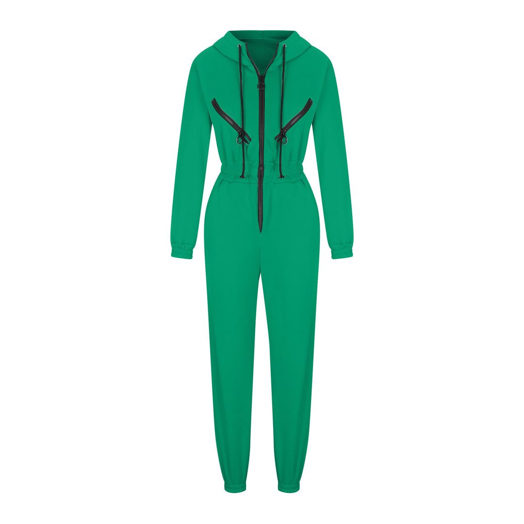 Damen taillierter Kapuzen-Jumpsuit mit elastischem Bund und markanten Kontrast-Reißverschlüssen EB